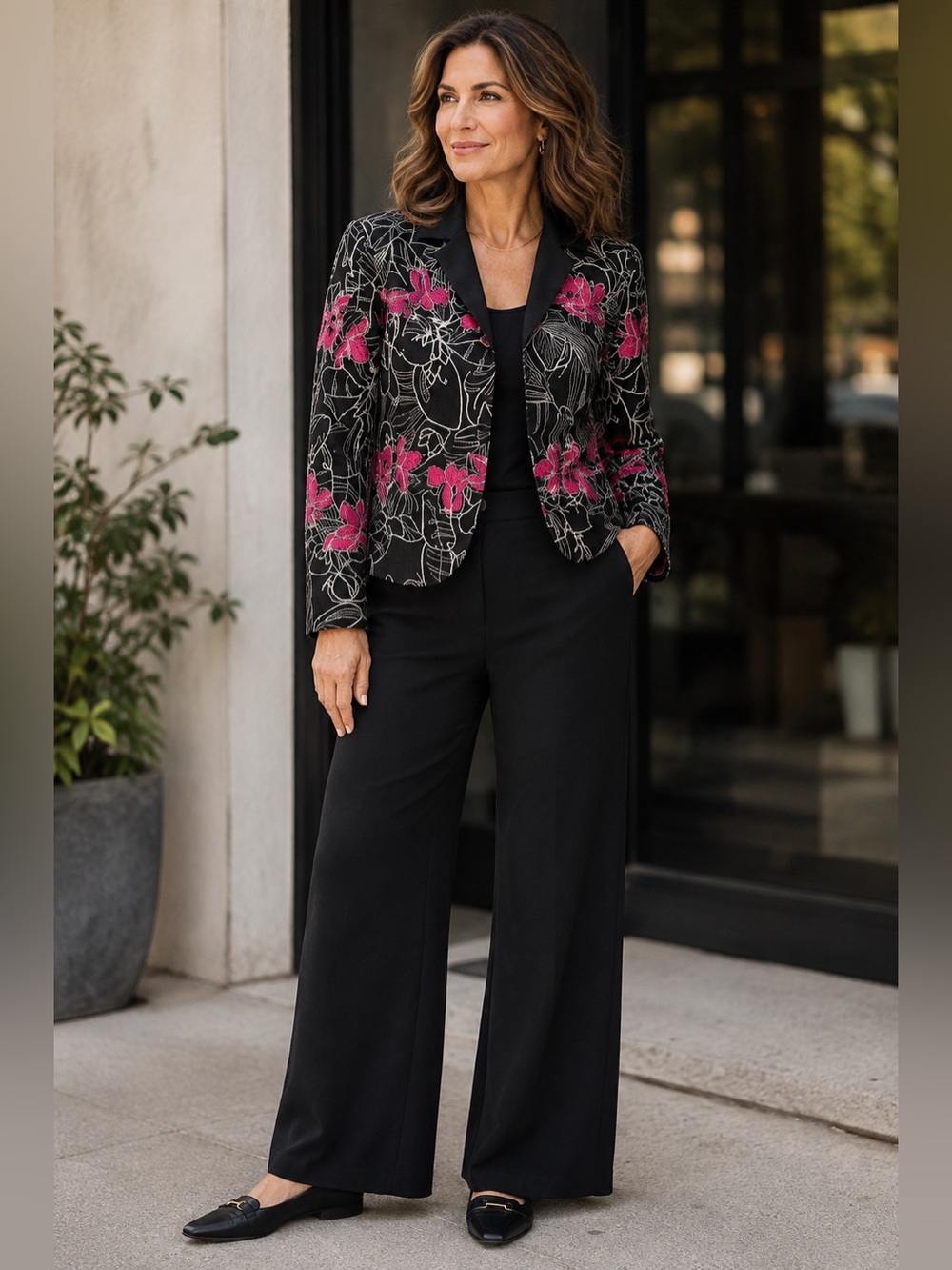 Chico’s Tamatha Black Pink Floral Embroidered Silk Blend Jacket Medium